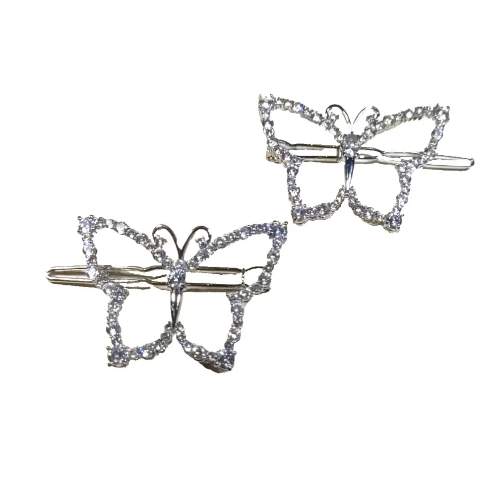 Lot of 2 hair barrettes butterfly silver tone Rhinestones